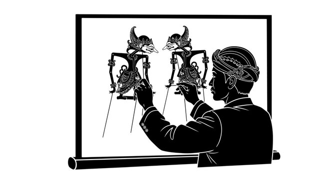 Indonesian Puppeteer Performing Wayang Kulit Shadow Puppet Show
