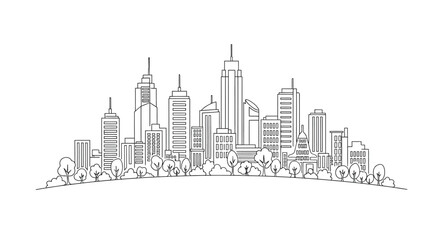 Obraz premium Continuous Line Art Drawing of Modern City Skyline with Buildings and Trees