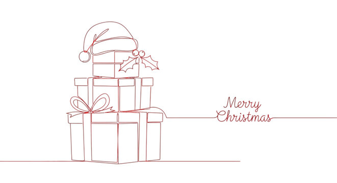 Red line art stack of Christmas gift boxes with Santa hat and text, holiday greeting