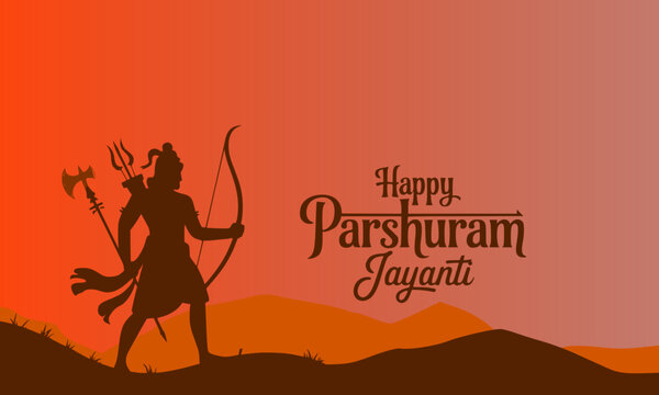 Happy Parshuram Jayanti warm orange sunset silhouette of Lord Parashurama holding bow and axe over rolling hills, powerful Hindu warrior god festival celebration vector