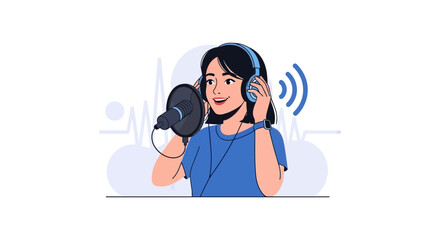 Fototapeta premium Young Woman Recording Audio with Microphone and Headphones, Sound Waves