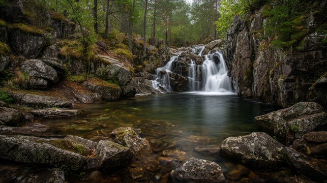 long exposure view of a powerful waterfall flowing over large moss-covered boulders in a wild forest, surrounded by lush greenery and untouched woodland scenery creating a serene, dramatic natural lan