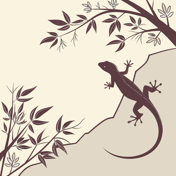 Brown lizard climbing, leafy branches, beige background, silhouette illustration, reptile climbing rock