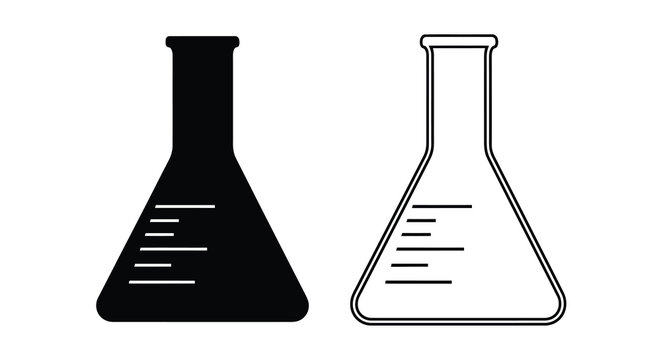 Two conical flasks one filled and one empty in a black and white illustration