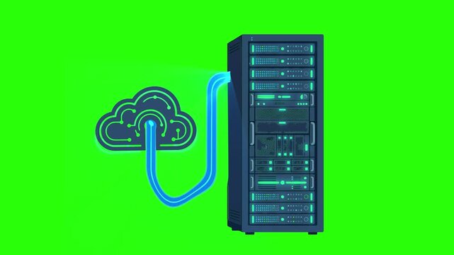 Animated Data Server Connected to Cloud Symbol on Green Screen