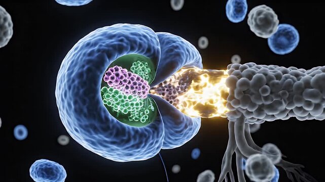 3D CGI Medical Animation of Cellular Respiration Showing Mitochondria Energy Production with Glycolysis and Krebs Cycle Components on Dark Background