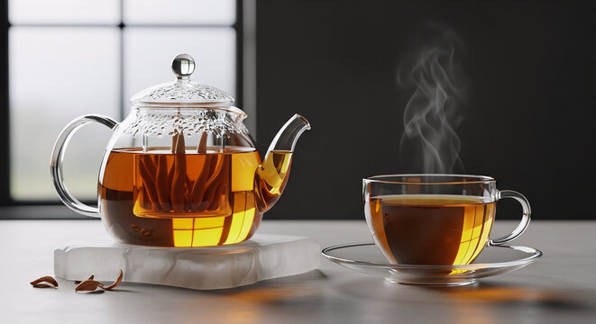 A steaming glass teapot and teacup of freshly brewed ashwagandha tea on a white stone base in a serene indoor setting perfect for holistic herbal wellness