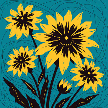Flat vector black eyed susan flower collection botanical floral design teal background