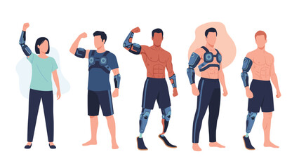 Fototapeta premium People with advanced prosthetic limbs and bionic exoskeletons demonstrate strength and future medical technology for physical rehabilitation.