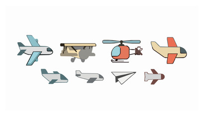 Cartoon airplane icons with jet biplane paper plane and cute aircraft shapes modern flat vector set for apps and websites isolated on white © MdHacib