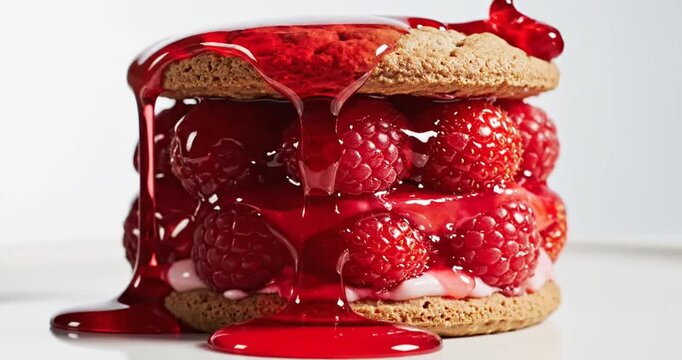 Delicious raspberry dessert with dripping sauce on a white background, ideal for culinary use