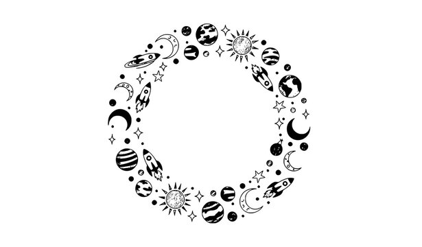 Hand drawn space doodle circle frame with cute planets stars moon sun and rocket in crayon sketch style childish cosmic vector isolated on white