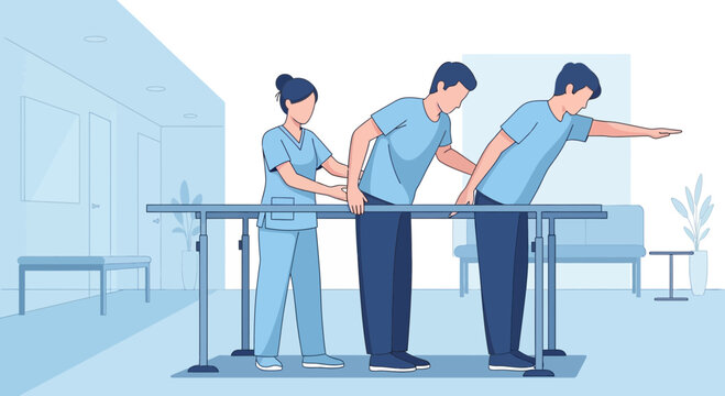 Physical therapist assisting patient with rehabilitation exercises using parallel bars