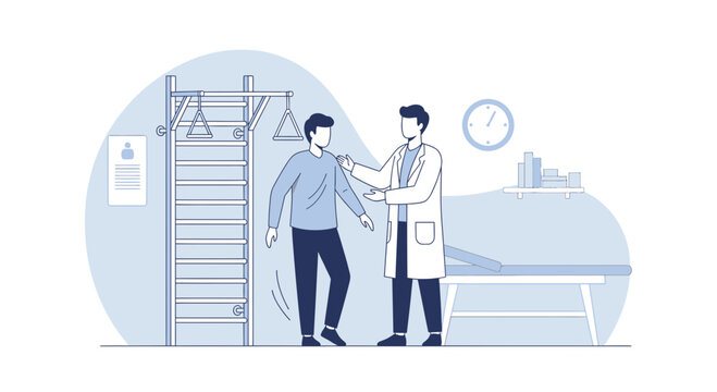 Physical therapist examining patient with exercise equipment and medical table in background