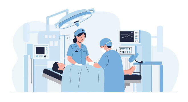 Surgeons Performing Operation in Operating Room with Patient and Medical Equipment