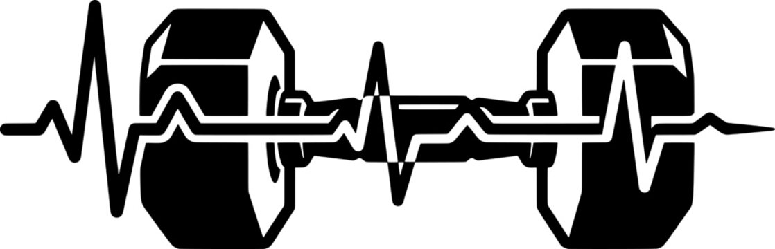 A black and white image of dumbbells with an ecg reading