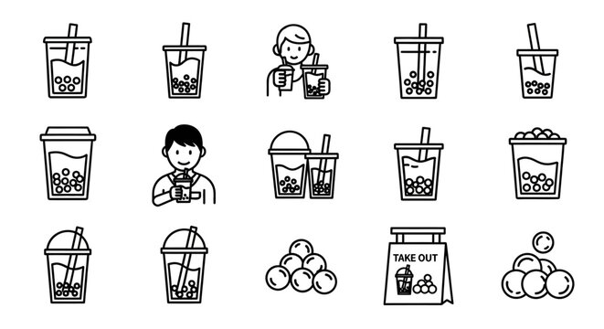 Bubble Tea Icon Set: Drinks, People, and Take Out