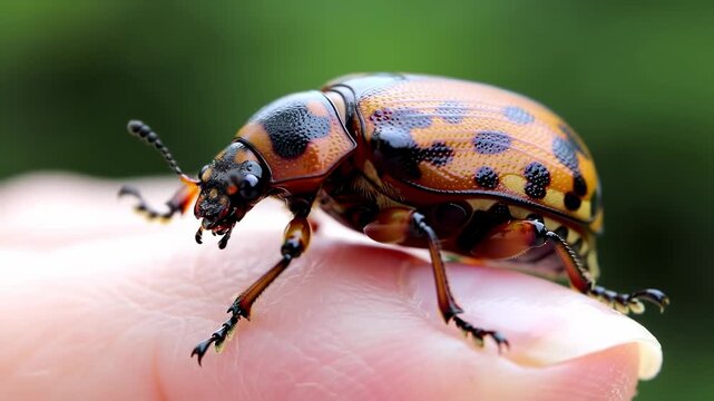 A vibrant beetle perched on a human finger, detailed macro shot