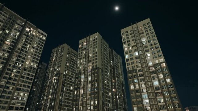 High-Rise Apartment Buildings Saigon Ho Chi Minh City, Night Low Angle