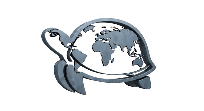 A turtle with a globe on its back against a black background