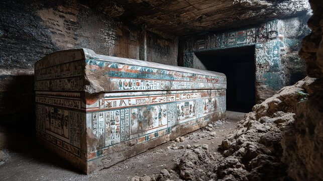 Ancient egyptian sarcophagus inside a dark, weathered stone tomb chamber, featuring intricate hieroglyphics and colorful painted scenes on its surface