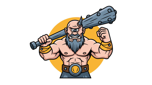 Mythological cyclops character with one eye holding a massive wooden club in a powerful and intimidating pose.