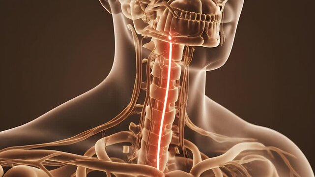 3D CGI Medical Animation of Human Spine with Glowing Red Thoracic Vertebrae and Rib Cage Translucent Skeletal Structure Against Dark Sepia Background Highlighting Spinal Cord Health and Anatomy
