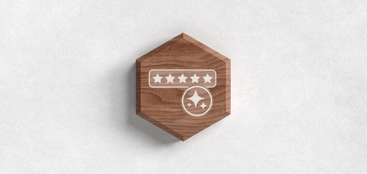 KI K&uuml;nstliche Intelligenz Bewertung Header mit Sparkles und f&uuml;nf Sternen auf Holz Icon f&uuml;r Feedback Kundenzufriedenheit und Top Service Qualit&auml;t