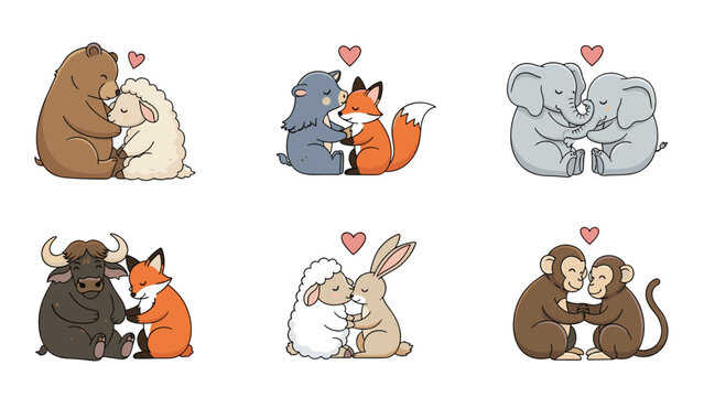 Selection of cute animal pairs expressing love and affection through hugs and gentle touches with small hearts.