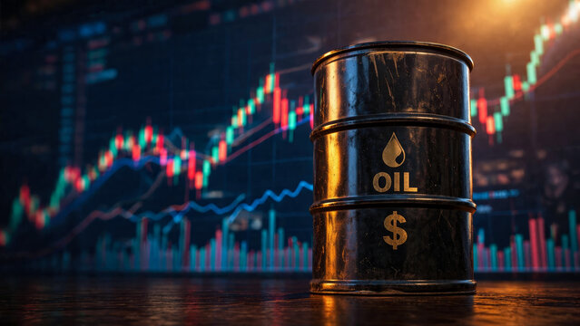 Oil barrel with a bold oil label and a dollar symbol on blurred stock market background