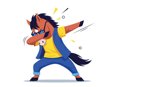 Cool horse character wearing sunglasses and stylish blue clothes performs a popular dab dance move in a fun vector illustration.