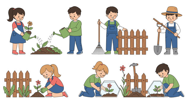 Set of diverse children engaging in various gardening activities such as watering plants, raking leaves, and planting flowers.