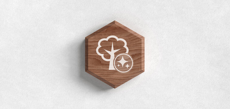 KI K&uuml;nstliche Intelligenz Umwelt Header mit Sparkles und Baum auf Holz Icon f&uuml;r Nachhaltigkeit Natur &Ouml;kologie und Gr&uuml;ne Technologie Innovation