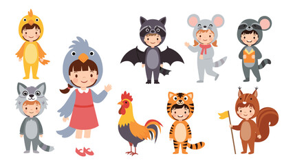 Naklejka premium Group of adorable children dressed in various animal costumes including a bird, raccoon, bat, mouse, wolf, rooster, tiger, and squirrel.