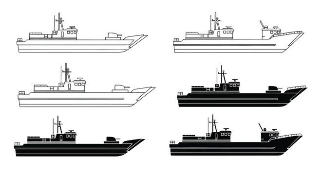Line art depiction of various naval vessels in different orientations