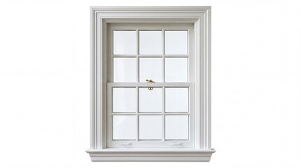 Obraz premium A classic white wooden double hung window featuring a grid pattern and a traditional sash lock