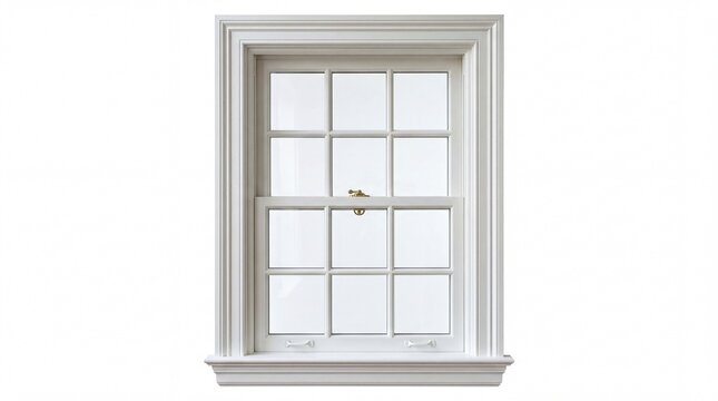 A classic white wooden double hung window featuring a grid pattern and a traditional sash lock