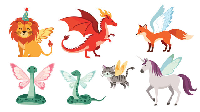 Enchanting collection of mythical creatures including a winged lion, dragon, flying fox, butterfly snakes, and a winged unicorn.