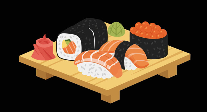 Delicious Sushi Platter with Salmon, Roe, Wasabi, and Ginger