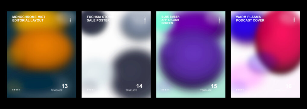 Set of 4 abstract blurred gradient poster templates in orange, purple, gray, pink and blue for editorial layout, sale poster, app splash screen and podcast cover design