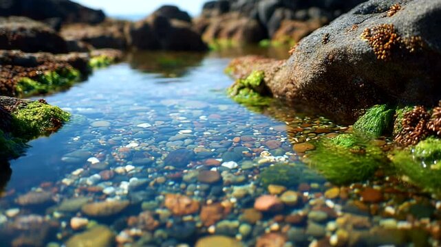 Tranquil Tide Pool with Colorful Pebbles and Seaweed