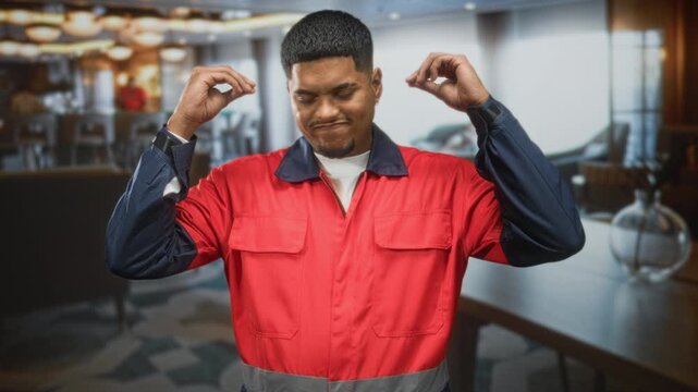 Man with beard in red work coverall holding hands to temples and grimacing in restaurant dining area; frustration fatigue.