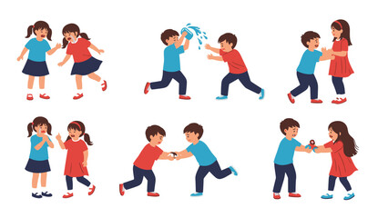 Fototapeta premium Group of children are shown in various conflict situations like arguing, fighting over toys, and splashing water.