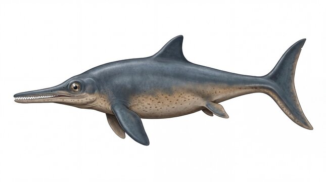 A detailed illustration of a prehistoric marine reptile known as an ichthyosaur swimming along