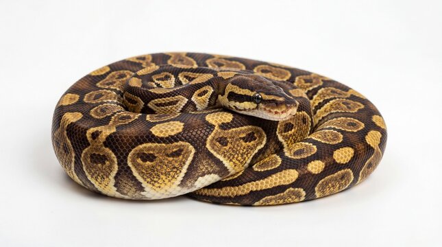 A curled ball python with a detailed brown and gold patterned skin texture resting on the ground