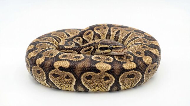 A curled ball python featuring complex dark brown and light tan patterns across its thick body