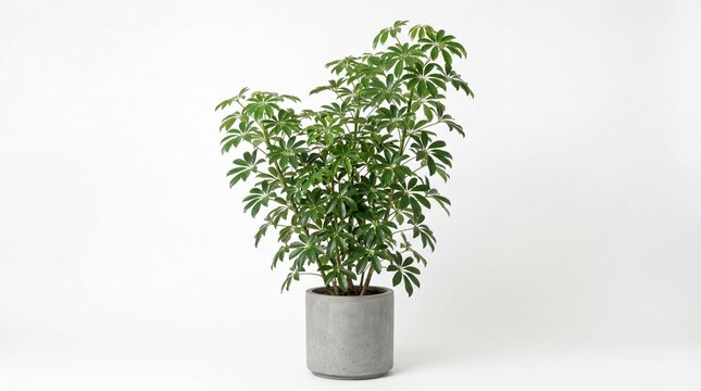 A lush green polyscias fruticosa ming aralia plant growing in a textured grey concrete planter