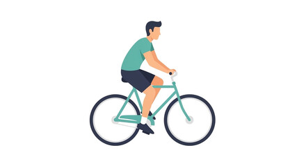 Fototapeta premium A young man riding a teal bicycle on a white background simple illustration