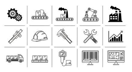 Fototapeta premium Industrial Icons: Manufacturing, Engineering, Logistics, and Technology Set