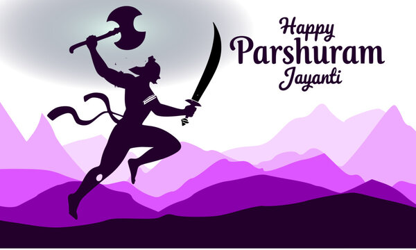 Happy Parshuram Jayanti purple silhouette of Lord Parashurama leaping with axe and sword over mountain landscape, dynamic Hindu festival warrior celebration vector